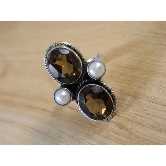 Vintage Topaz Sterling Silver Ring, Brown Topaz, Pearl Multi Stone Ring Sz 6.25 - Picture 6 of 10